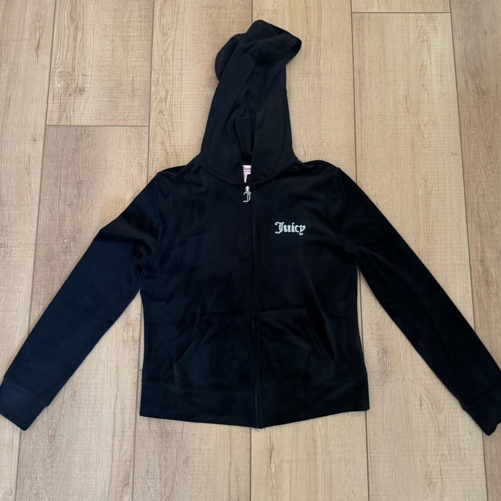 Juicy Couture Black Velour Zip Hoodie Rhinestone Logo Cherry Charm Size M